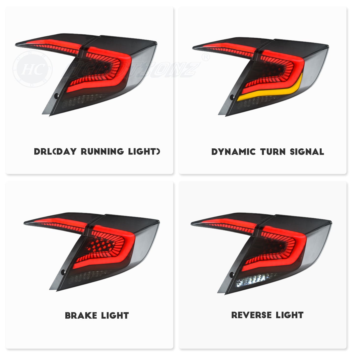 HCMOTION LED RGB Taillights for 2016-2021 Honda Civic 10th Gen Sedan | Sequential Turn Signal & Startup Animation Smoked