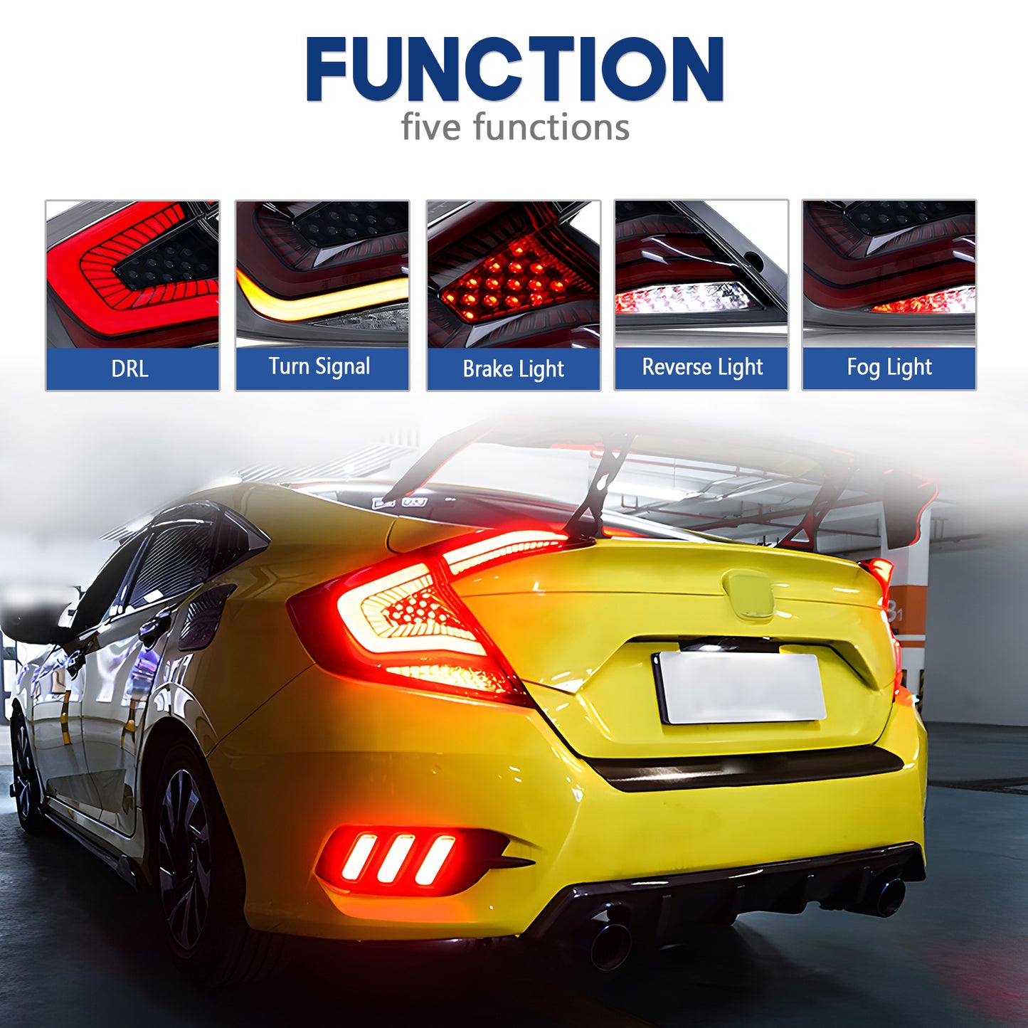 HCMOTION LED Taillights for 2016-2021 Honda Civic 10th Gen Sedan | Sequential Turn Signal & Startup Animation Smoked