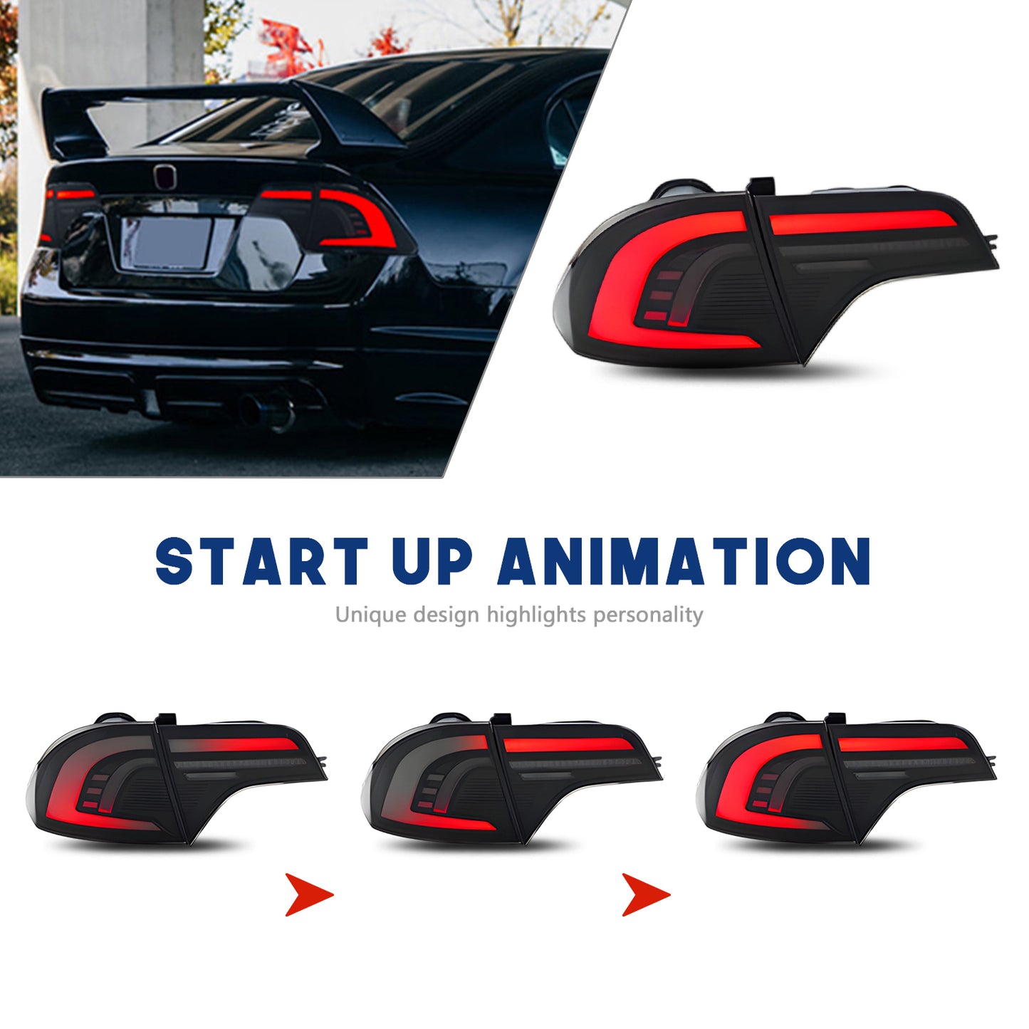 HCMOTION LED Taillights for Honda Civic 8th Gen 2006-2011 Sedan | Sequential Turn Signal & Startup Animation Smoked