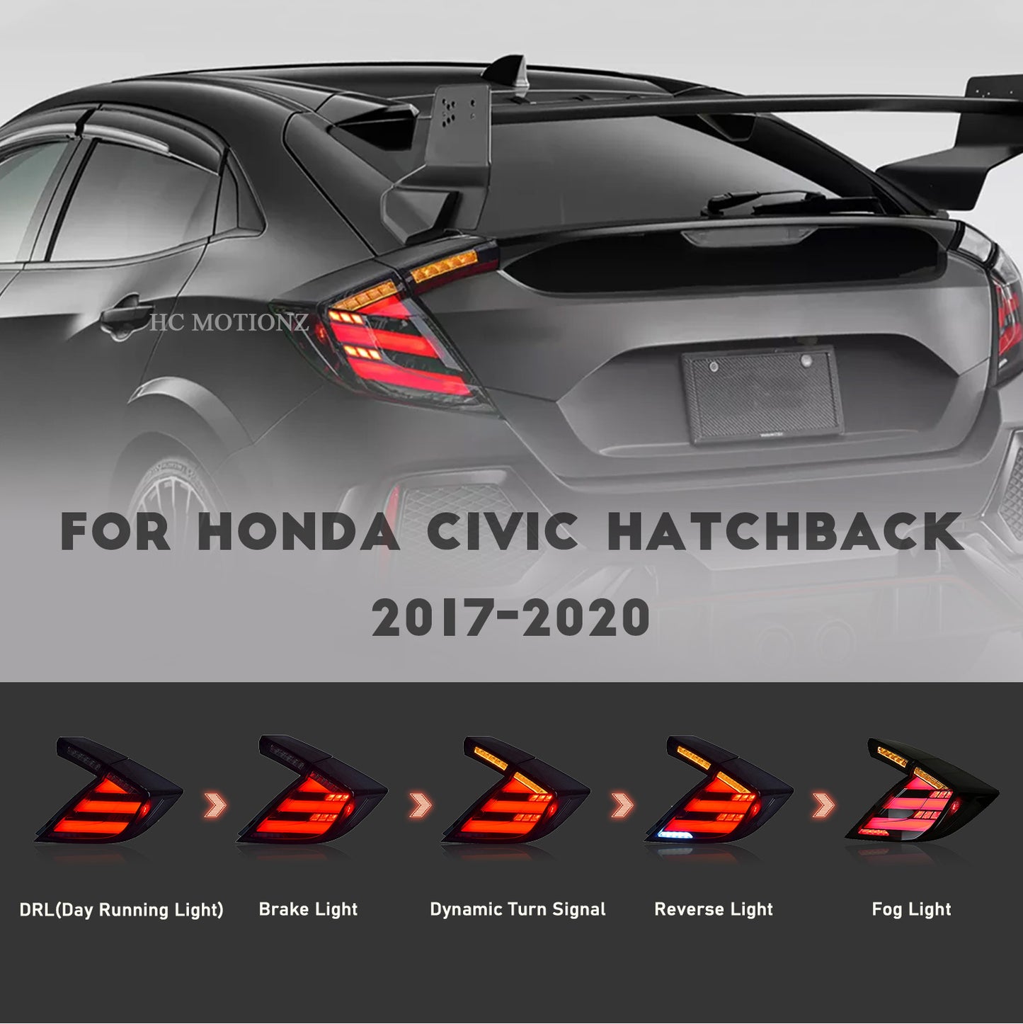 HCMOTION DOT-Approved LED Tail Lights for 2016-2021 Honda Civic Hatchback | Sequential Signal & Startup Animation Smoked Pair