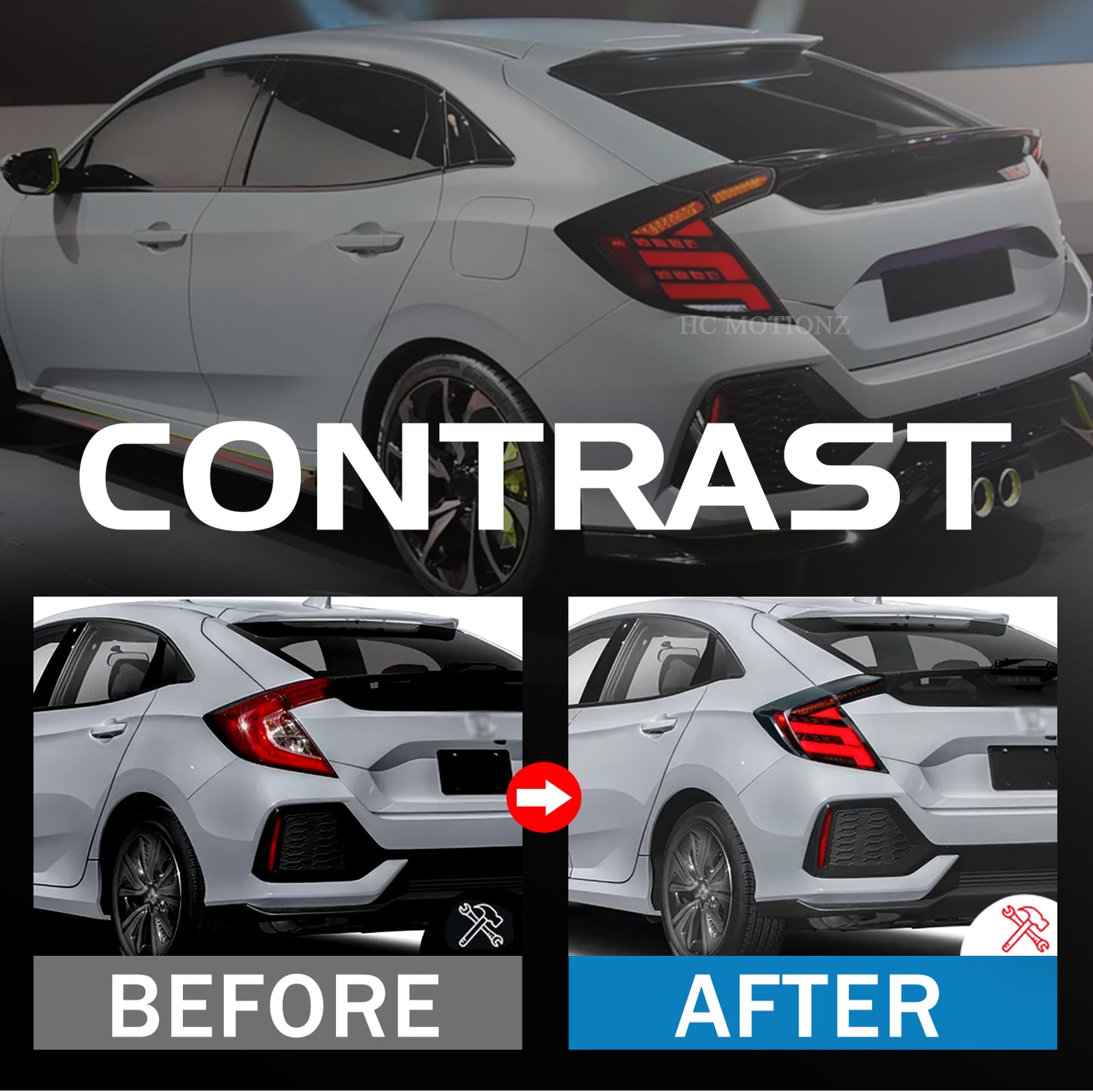 HCMOTION LED Tail Lights for 2016-2021 Honda Civic Hatchback | Sequential Turn Signal & Startup Animation