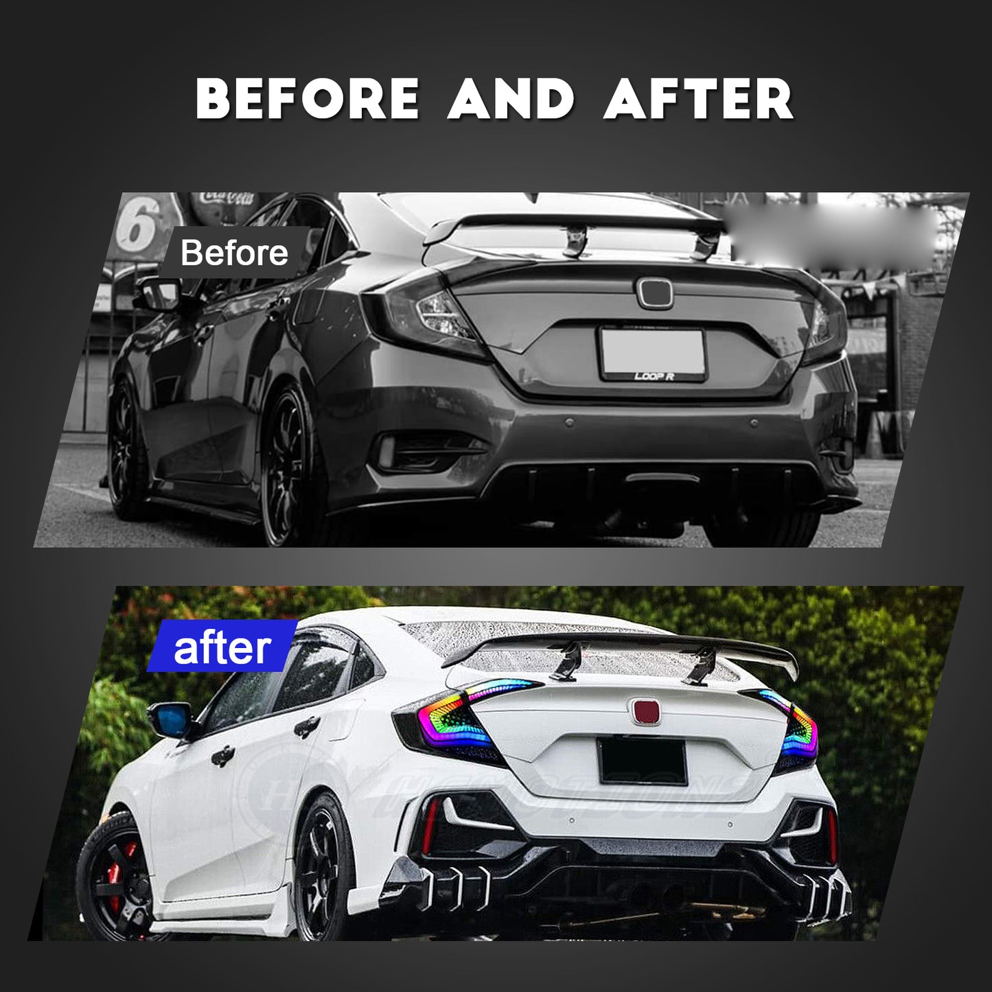 HCMOTION LED RGB Taillights for 2016-2021 Honda Civic 10th Gen Sedan | Sequential Turn Signal & Startup Animation Smoked
