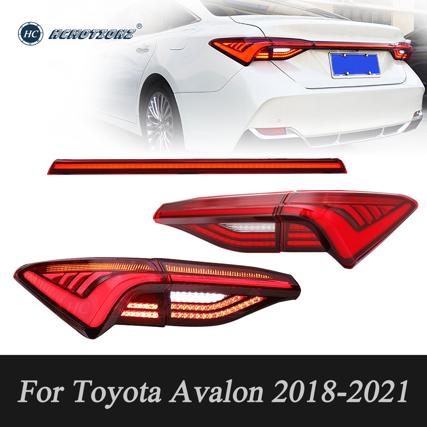 HCMOTION LED Tail Lights for 2019-2023 Toyota Avalon | Sequential Turn Signal & Startup Animation Red