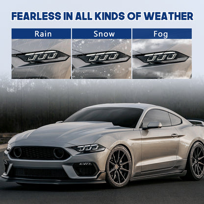 HCMOTION DOT-Approved LED Headlights for 2018-2023 Ford Mustang S550 | Tri-Bar DRL, Sequential Signal & Startup Animation Pair