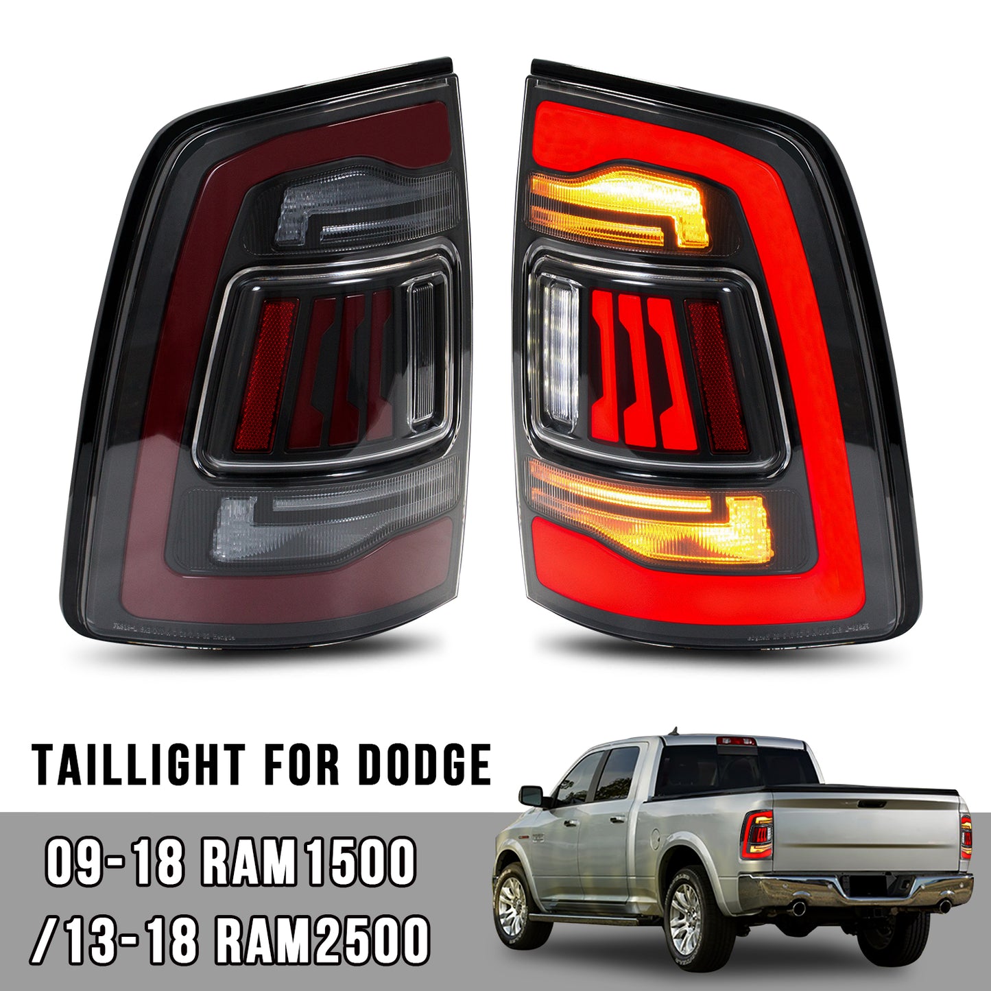 HCMOTION LED Tail Lights for Dodge RAM1500 2009-2018/RAM2500 2013-2018 |  Sequential & Start-up Animation Clear