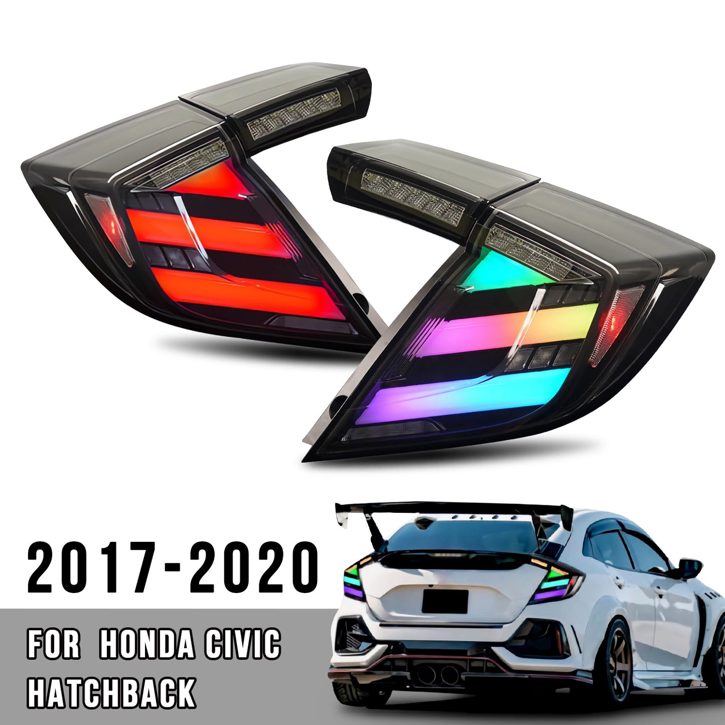HCMOTION LED RGB Taillights for 2016-2021 Honda Civic Hatchback | Sequential Signal & Startup Animation Clear