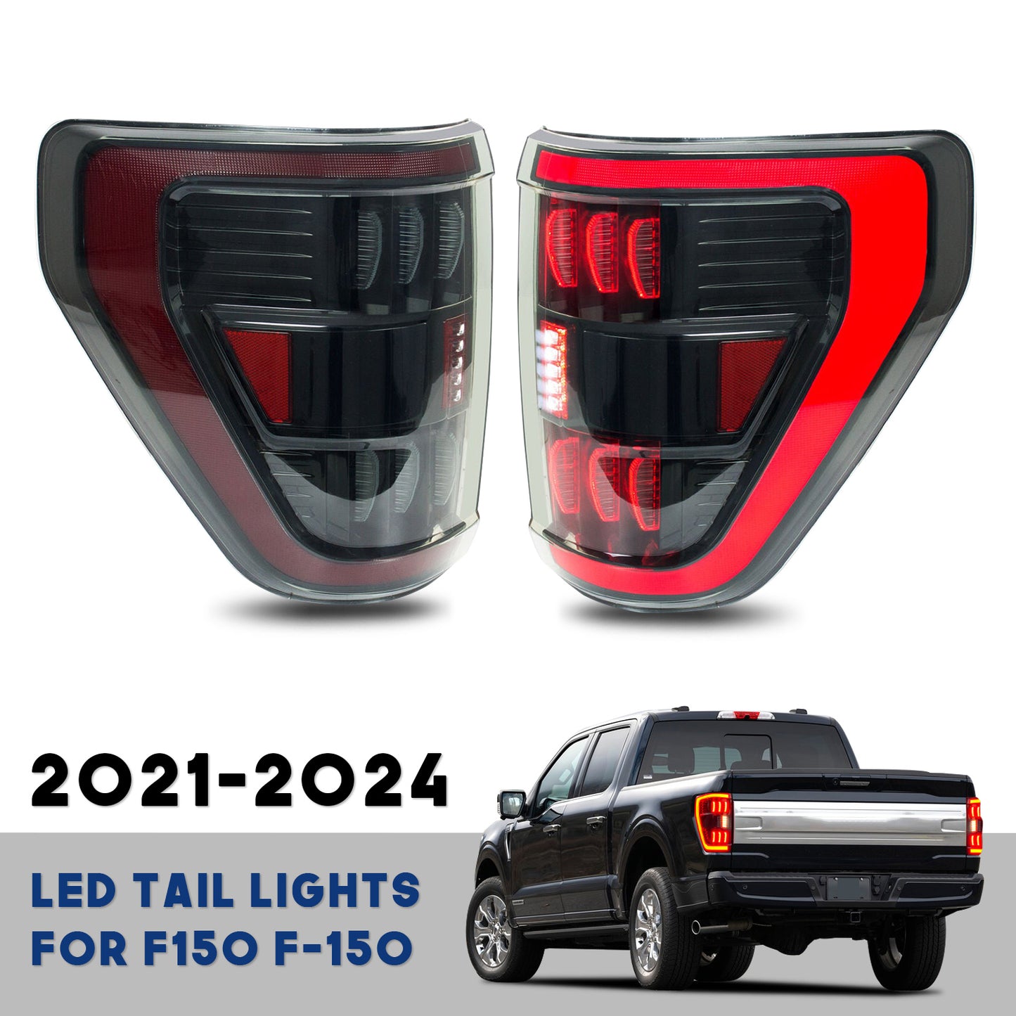 HCMOTION LED Tail Lights for 2021-2024 Ford F150 F-150 XL STX XLT | Sequential Turn Signal & Startup Animation Smoked