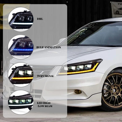HCMOTION DOT-Approved LED Headlights for 2008-2012 Honda Accord 8th Gen | Projector Front Lamps Sequential Signal & Startup Animation 1 Pair