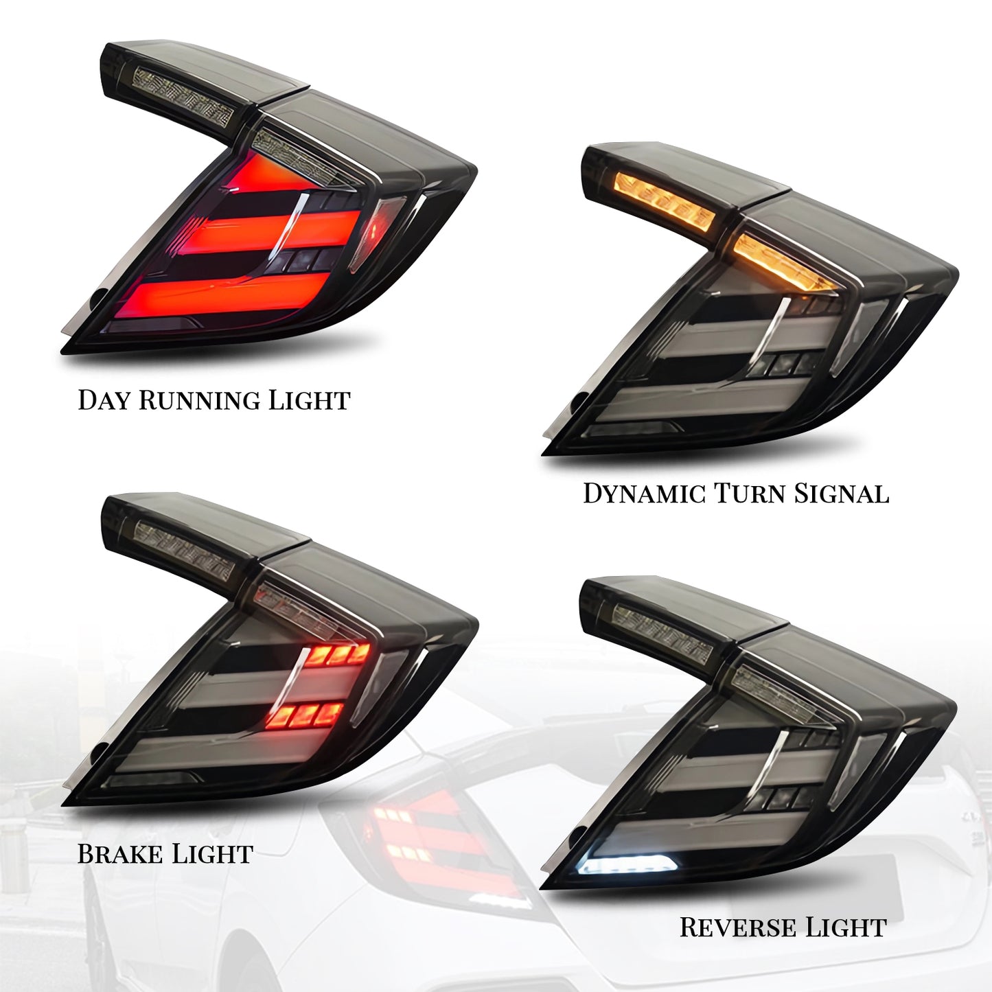 HCMOTION LED RGB Taillights for 2016-2021 Honda Civic Hatchback | Sequential Signal & Startup Animation Clear