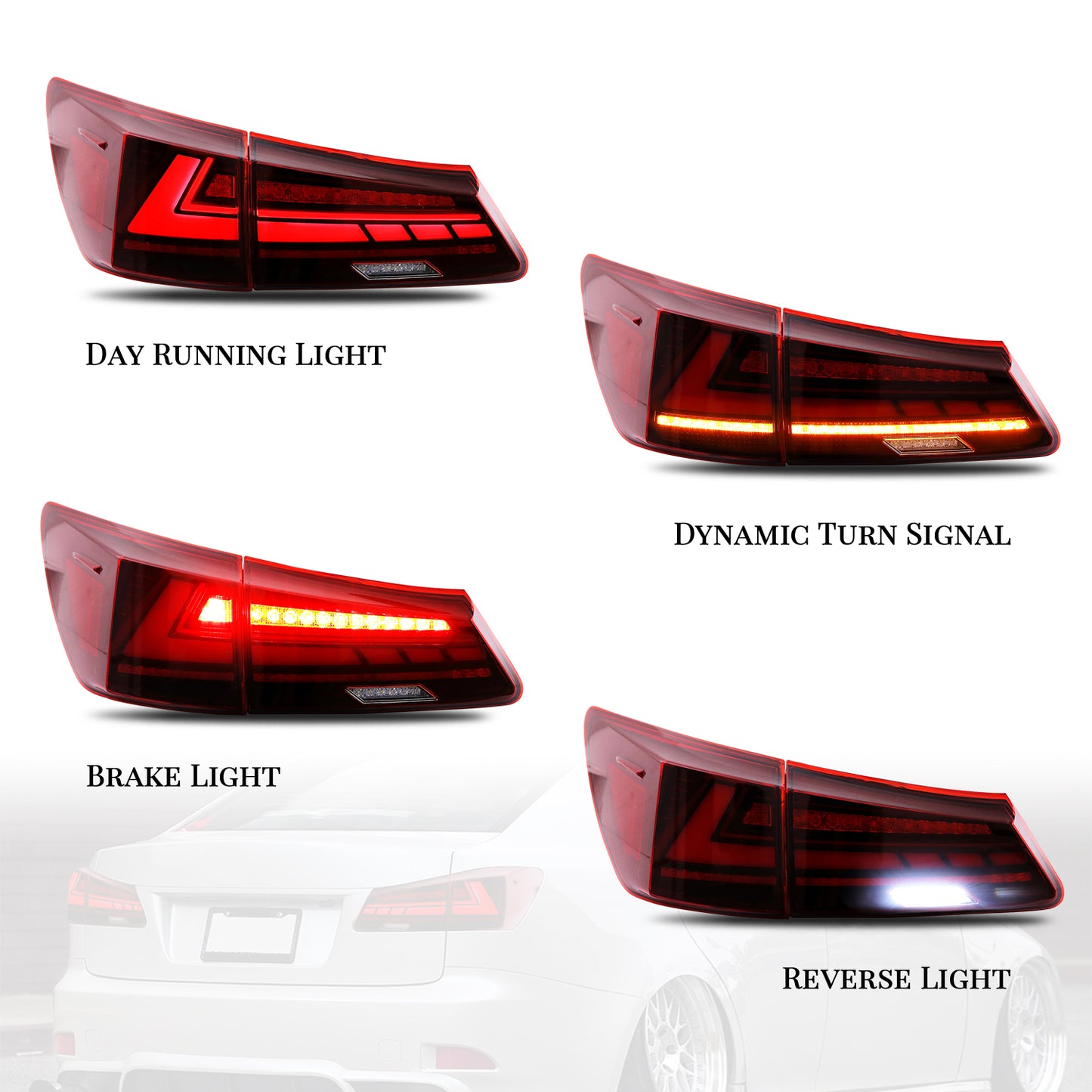 HCMOTION LED Taillights for Lexus IS250 IS350 ISF 2006-2012 | Sequential Turn Signal & Start-up Animation Red