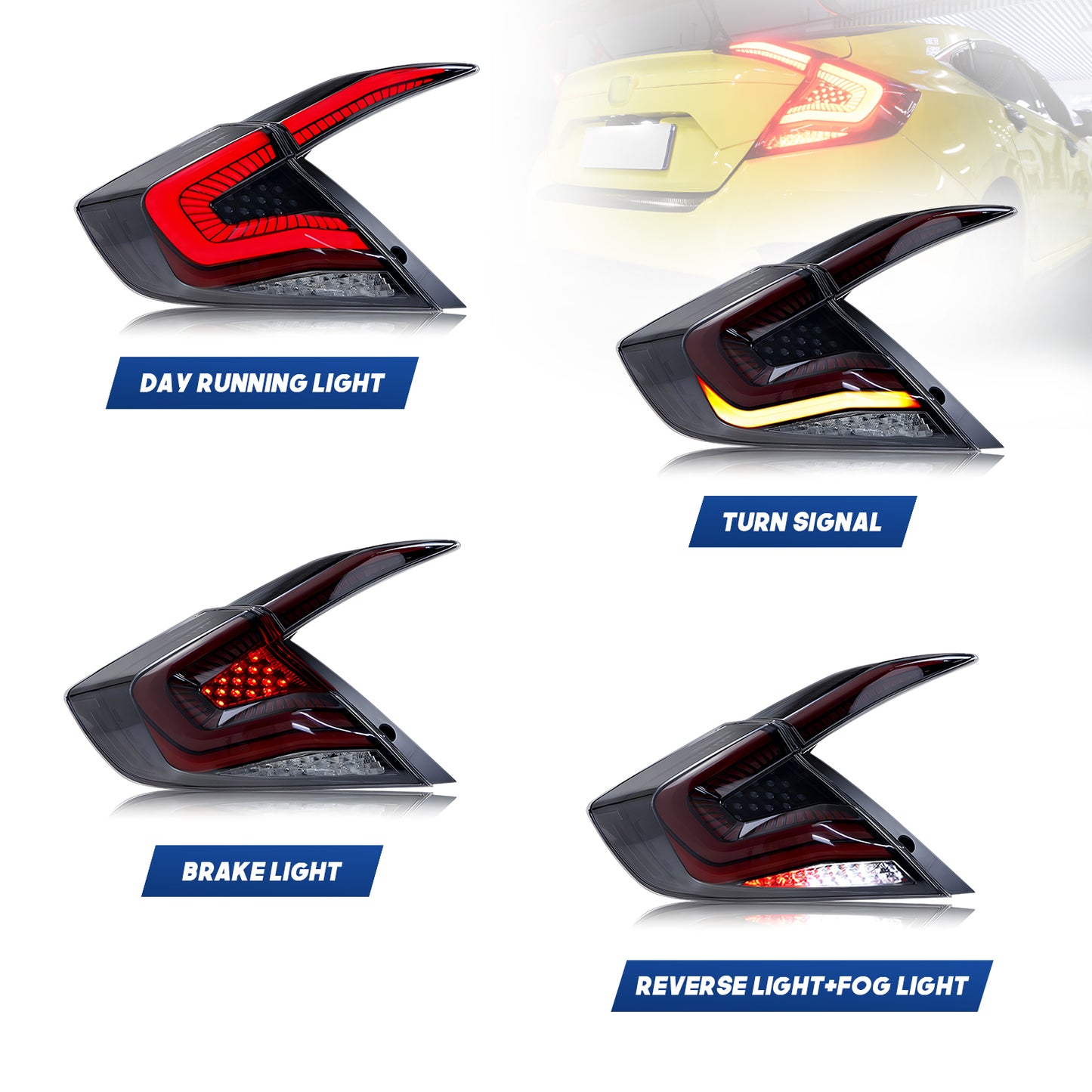 HCMOTION LED Taillights for 2016-2021 Honda Civic 10th Gen Sedan | Sequential Turn Signal & Startup Animation Smoked