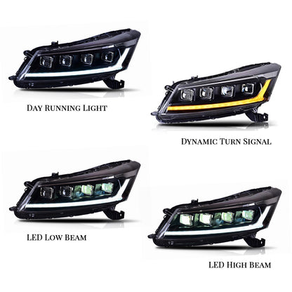 HCMOTION DOT-Approved LED Headlights for 2008-2012 Honda Accord 8th Gen | Projector Front Lamps Sequential Signal & Startup Animation 1 Pair
