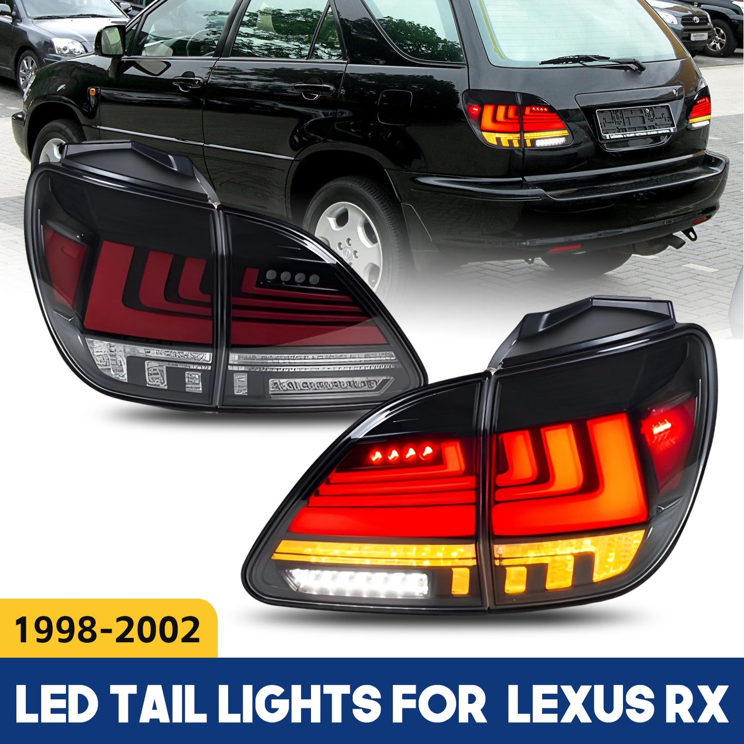 HCMOTION DOT-Approved LED Tail Lights for 1998-2002 Lexus RX 300 | Sequential Signal & Startup Animation Pair