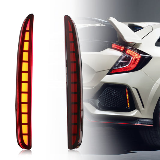 HCMOTION DOT-Approved LED Rear Bumper Lights for 2017-2021 Honda Civic Hatchback, Type-R, SI | Sequential Signal & Brake Light Red Lens Pair