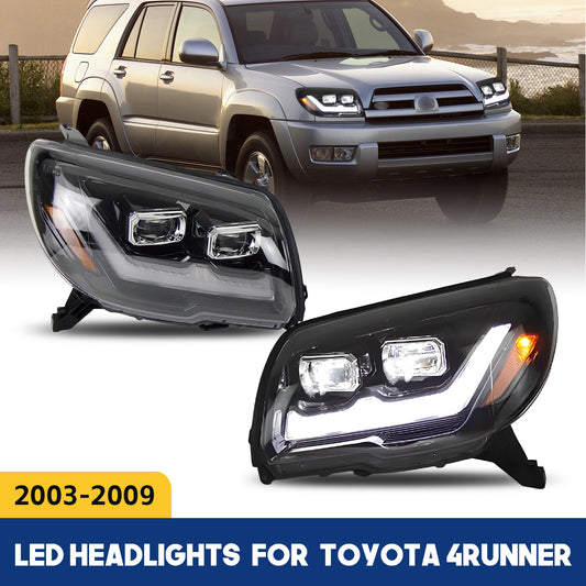 LED Headlights Fit for Toyota 4Runner 4th GEN 2003-2009 Sequential Turn Signal and Animation DRL with Trim Strips for 2003–2005 Models, 2PCS Set