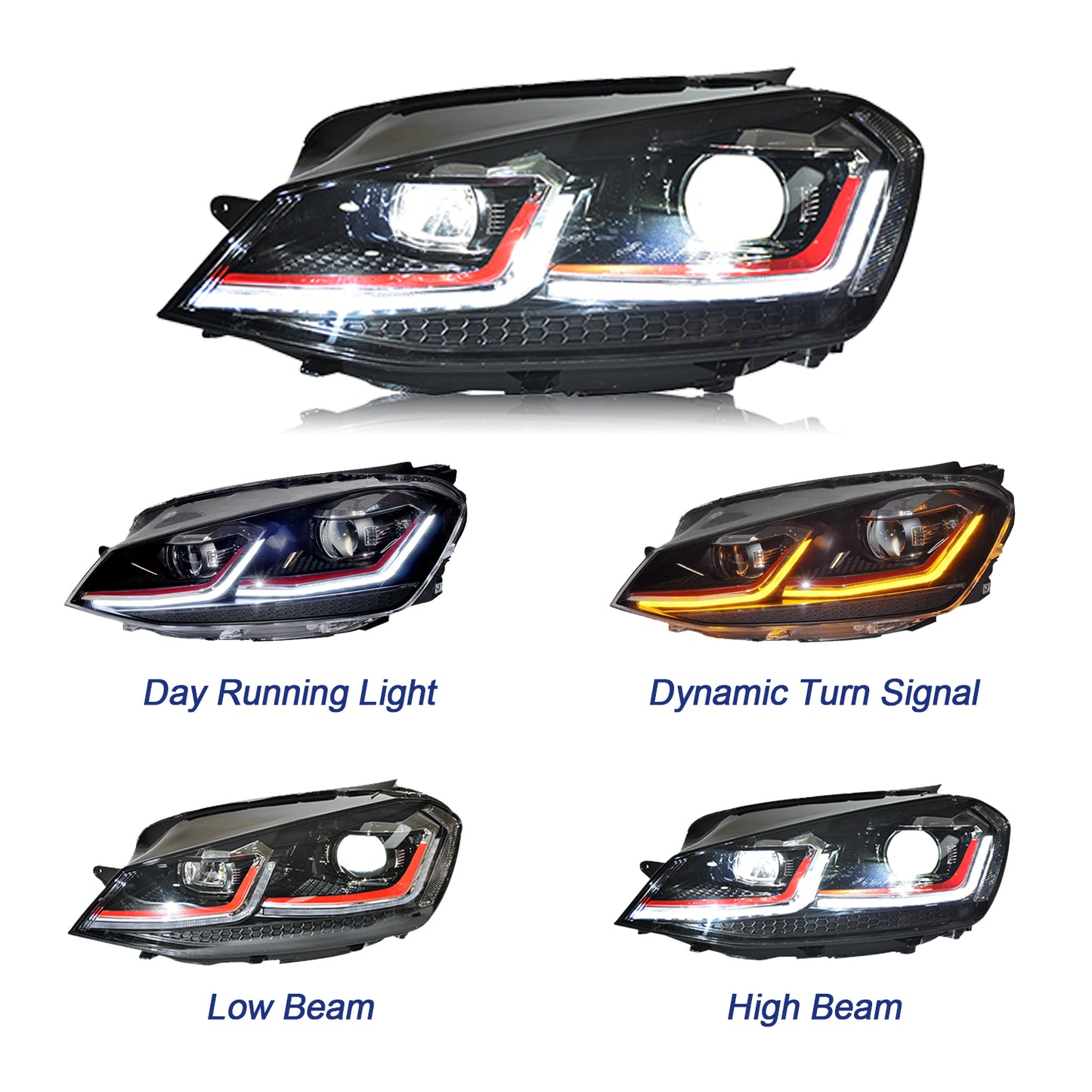 HCMOTION LED Headlights for 2013-2018 VW Golf MK7 | Sequential turn Signal & Startup Animation Red