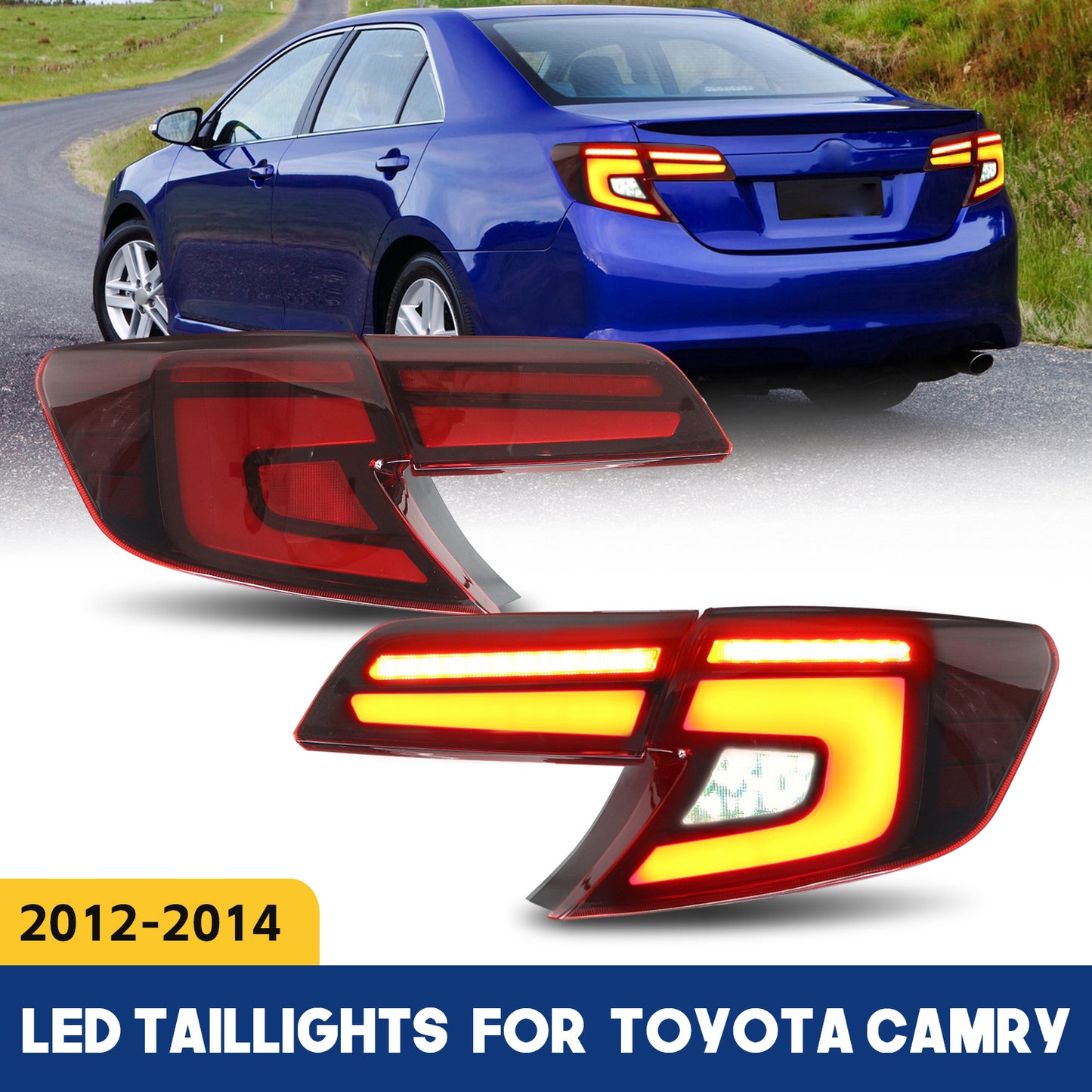 HCMOTION DOT-Approved LED Tail Lights for 2012-2014 Toyota Camry USA Type | Startup Animation & Sequential Signal Pair Red