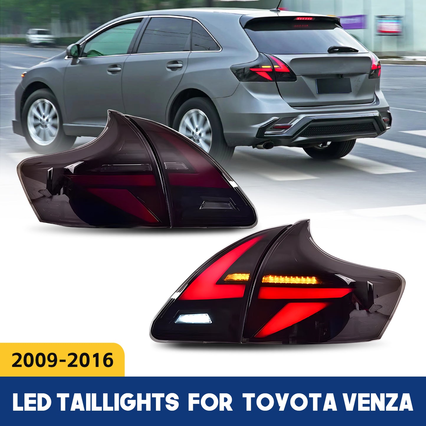 HCMOTION DOT-Approved Full LED Tail Lights for 2009-2016 Toyota Venza | Sequential Signal & Startup Animation Pair
