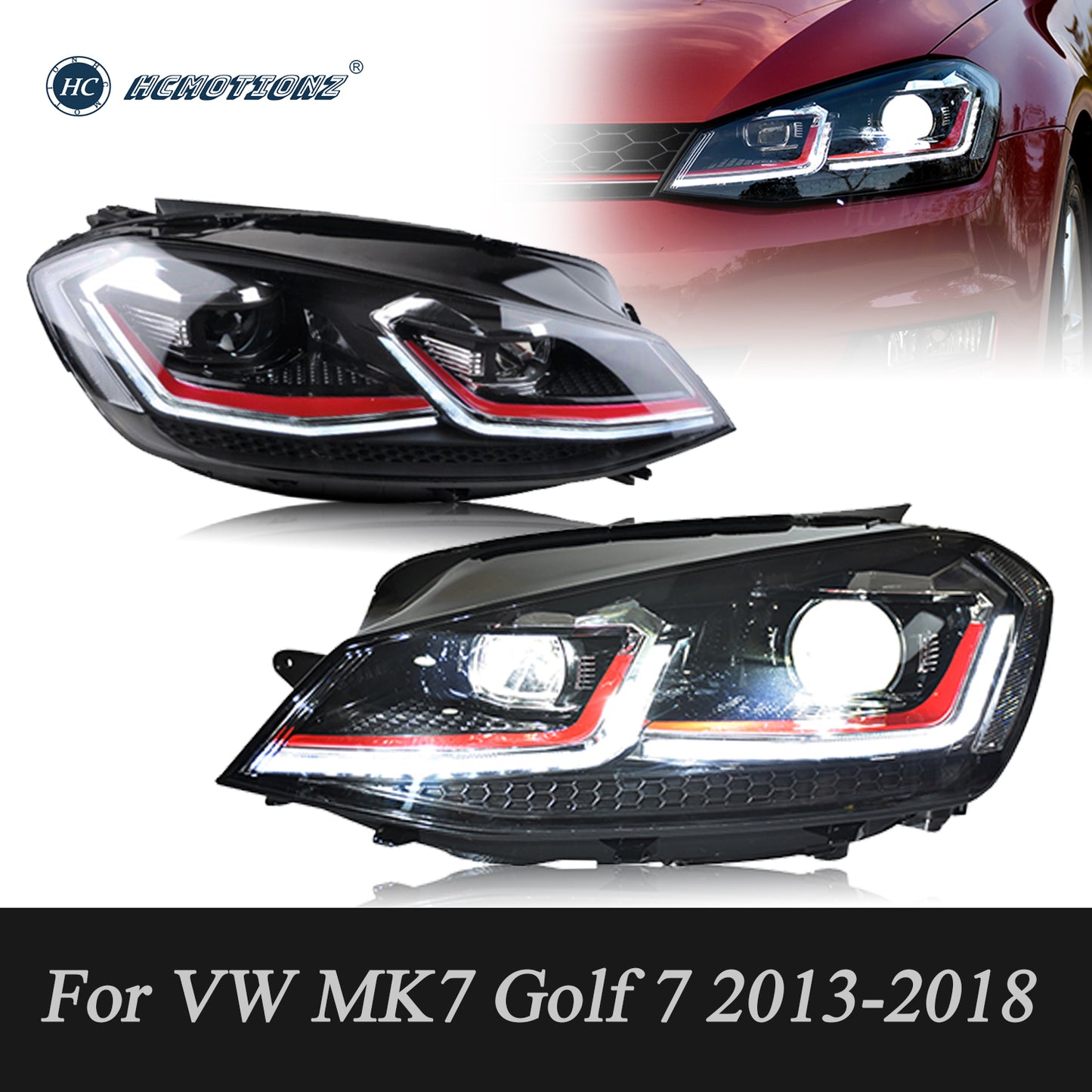 HCMOTION LED Headlights for 2013-2018 VW Golf MK7 | Sequential turn Signal & Startup Animation Red
