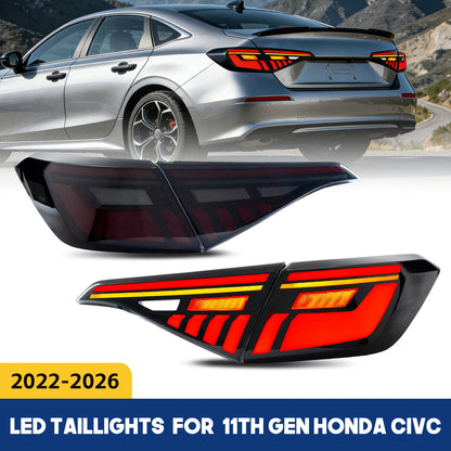 HCMOTION Full LED Tail Lights for 2022-2026 Honda Civic Sedan 11th Gen | Startup Animation & Sequential Signal Smoked Lens Pair