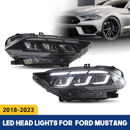 HCMOTION DOT-Approved LED Headlights for 2018-2023 Ford Mustang S550 | Tri-Bar DRL, Sequential Signal & Startup Animation Pair
