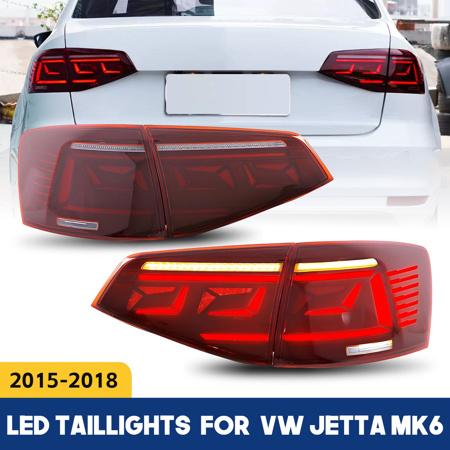 HCMOTION LED Taillights for 2015-2018 VW Jetta MK6 | Sequential Turn Signal & Start-up Animation Red