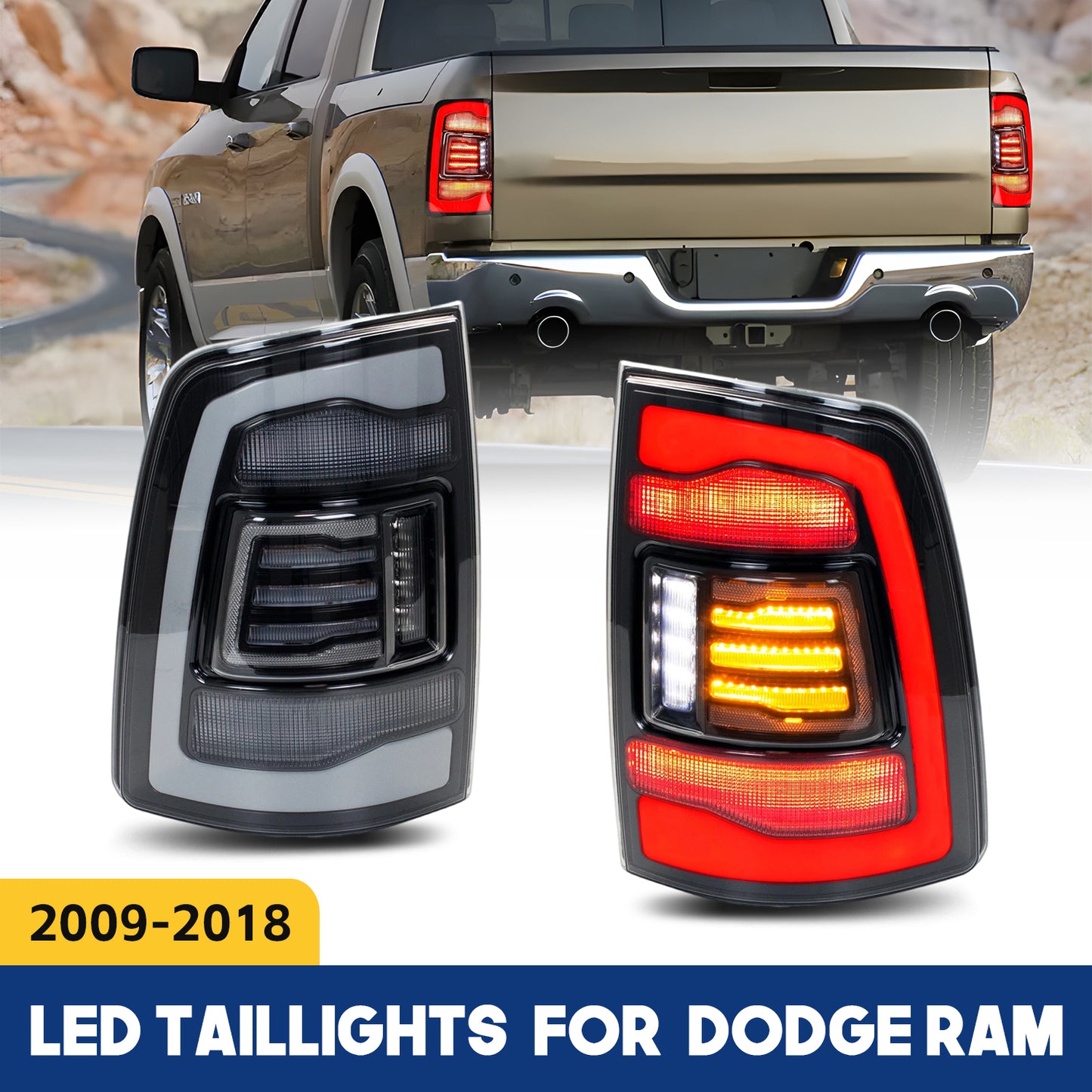 HCMOTION LED Tail Lights for Dodge RAM1500 2009-2018/RAM2500 2013-2018 | Sequential Turn Signal & Startup Animation Smoked