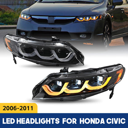 HCMOTION DOT-Approved LED Headlights for 2006-2011 Honda Civic 8th Gen | Projector Front Lamps Sequential Signal & Startup Animation Pair