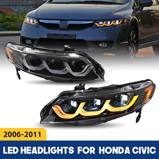 LED Headlight Assembly for Honda Civic 8th Gen 2006-2011 Startup Animation & Sequential Turn Signal 2PCS