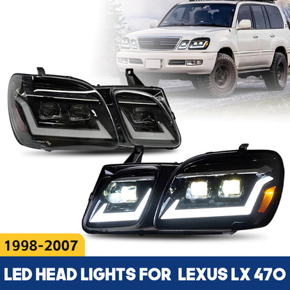 HCMOTION DOT-Approved LED Headlights for 1998-2007 Lexus LX 470 J100 | Projector Lens, Sequential Signal & Startup Animation Pair