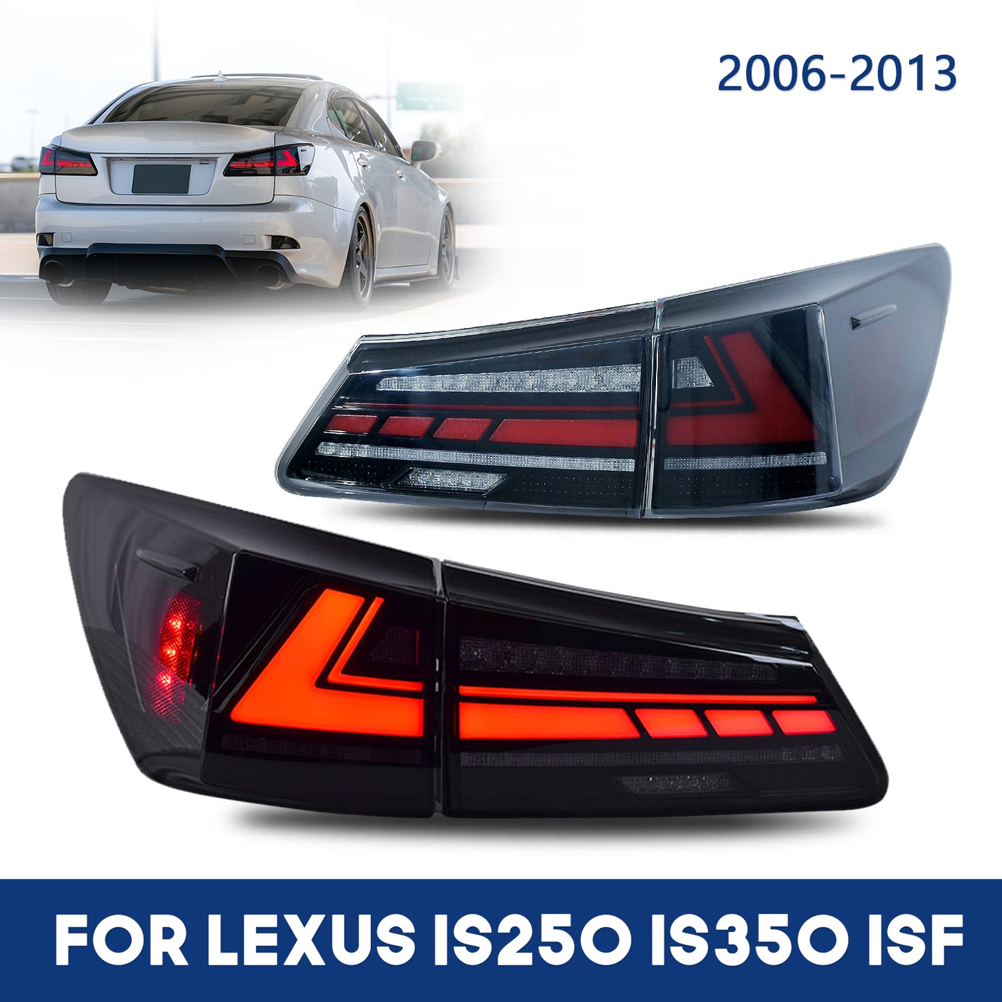 HCMOTION LED Tail Lights for 2006-2012 Lexus IS250 IS350 IS F | Sequential Turn Signal & Startup Animation Smoked