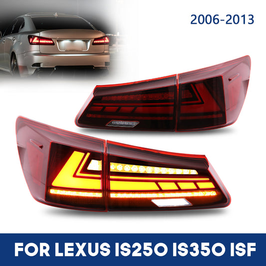 HCMOTION DOT-Approved LED Tail Lights for Lexus IS250 IS350 ISF 2006-2012 | Sequential Turn Signal & Start-up Animation Red Pair