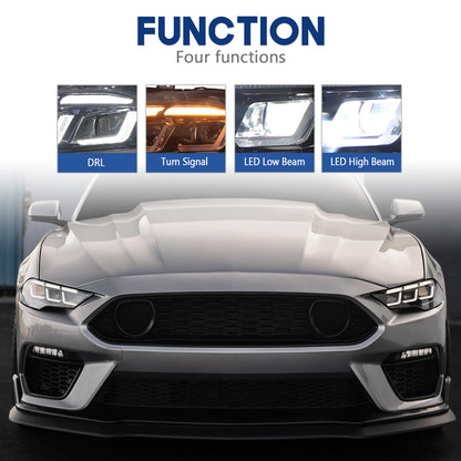 HCMOTION DOT-Approved LED Headlights for 2018-2023 Ford Mustang S550 | Tri-Bar DRL, Sequential Signal & Startup Animation Pair