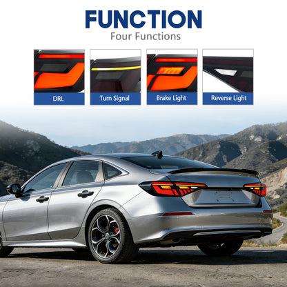HCMOTION Full LED Tail Lights for 2022-2026 Honda Civic Sedan 11th Gen | Startup Animation & Sequential Signal Smoked Lens Pair