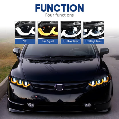 HCMOTION DOT-Approved LED Headlights for 2006-2011 Honda Civic 8th Gen | Projector Front Lamps Sequential Signal & Startup Animation Pair