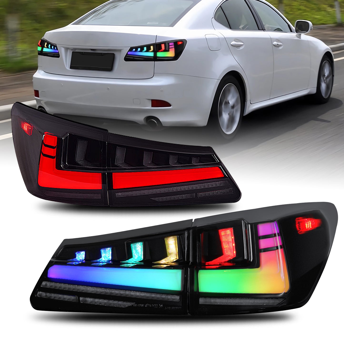 HCMOTION LED RGB Tail Lights for 2006-2012 Lexus IS250 IS350 ISF | Startup Animation & Sequential Signal Smoked