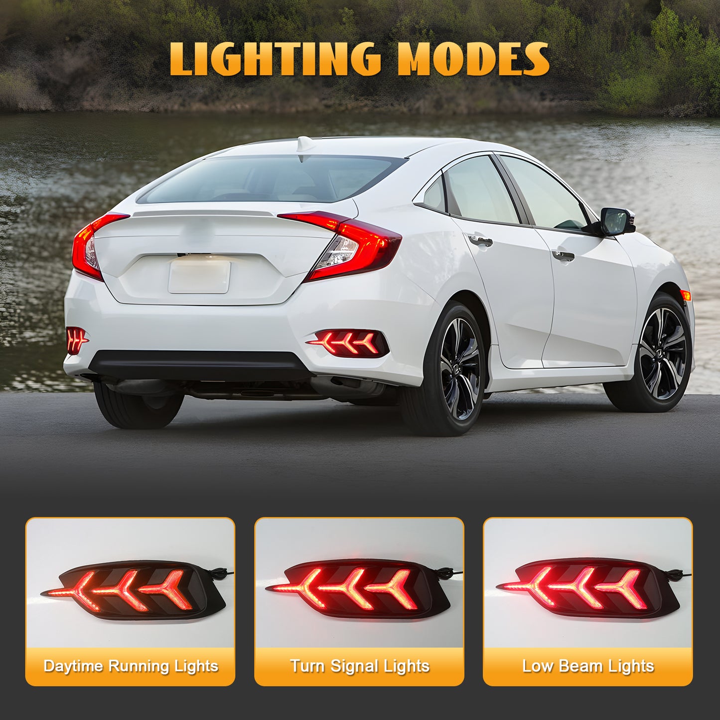 HCMOTION LED Rear Bumper Lights for 2016-2022 Honda Civic (10th Gen) | Sequential Signal & Startup Animation Fish-Bone Style