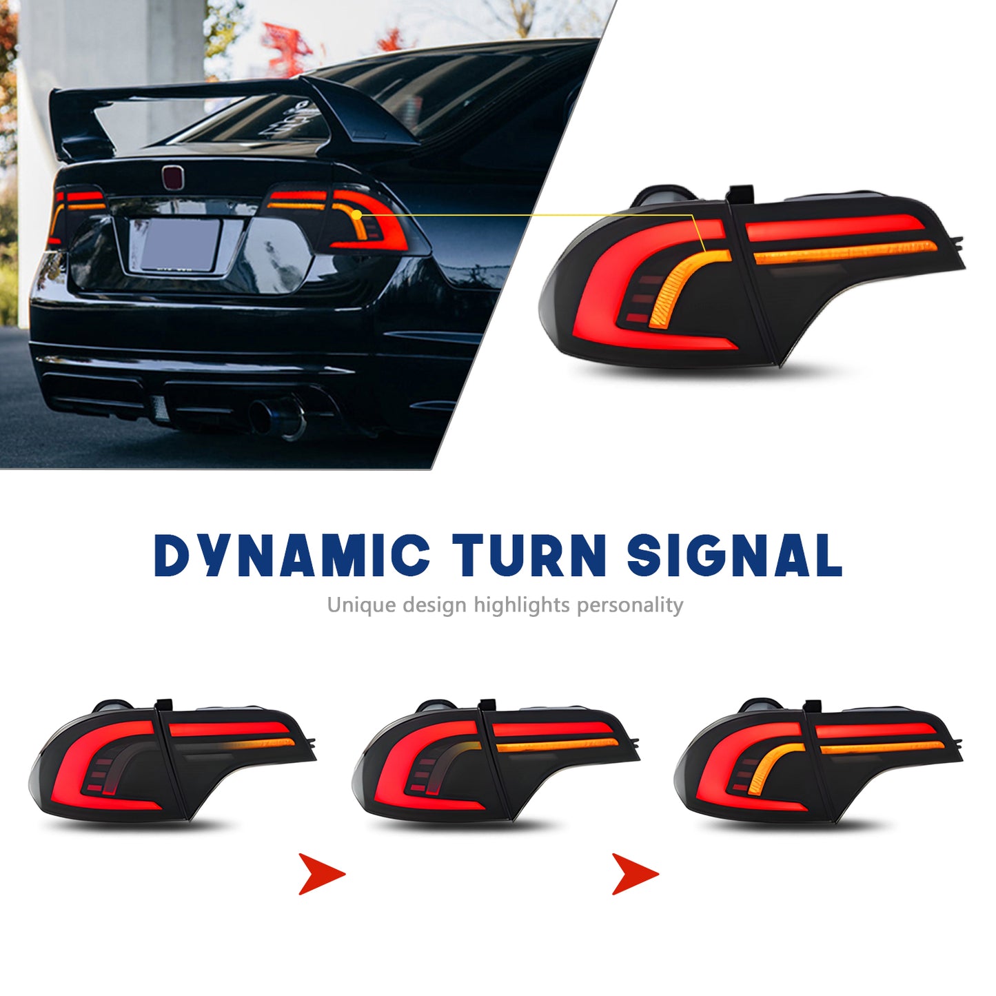 HCMOTION LED Taillights for Honda Civic 8th Gen 2006-2011 Sedan | Sequential Turn Signal & Startup Animation Smoked