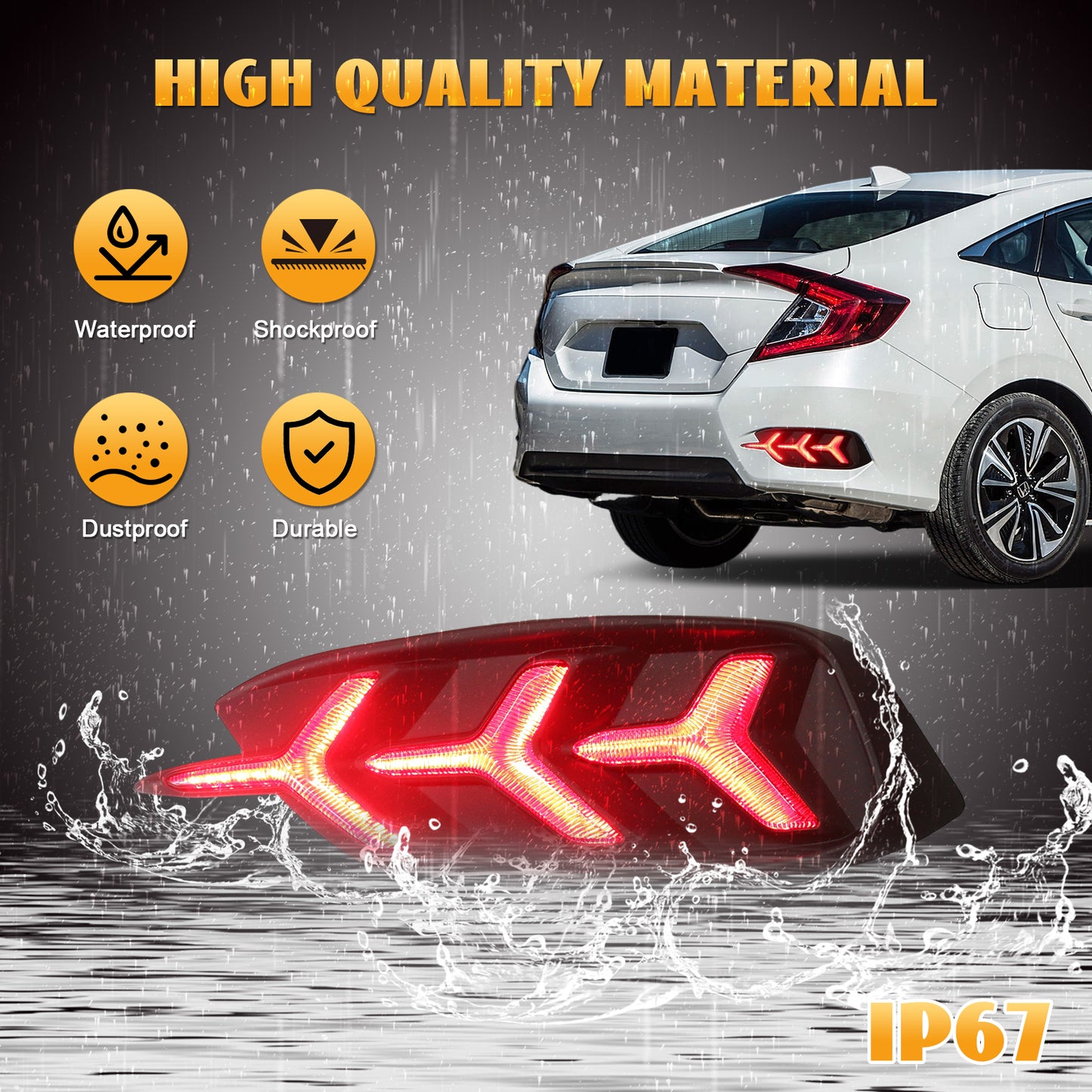 HCMOTION LED Rear Bumper Lights for 2016-2022 Honda Civic (10th Gen) | Sequential Signal & Startup Animation Fish-Bone Style