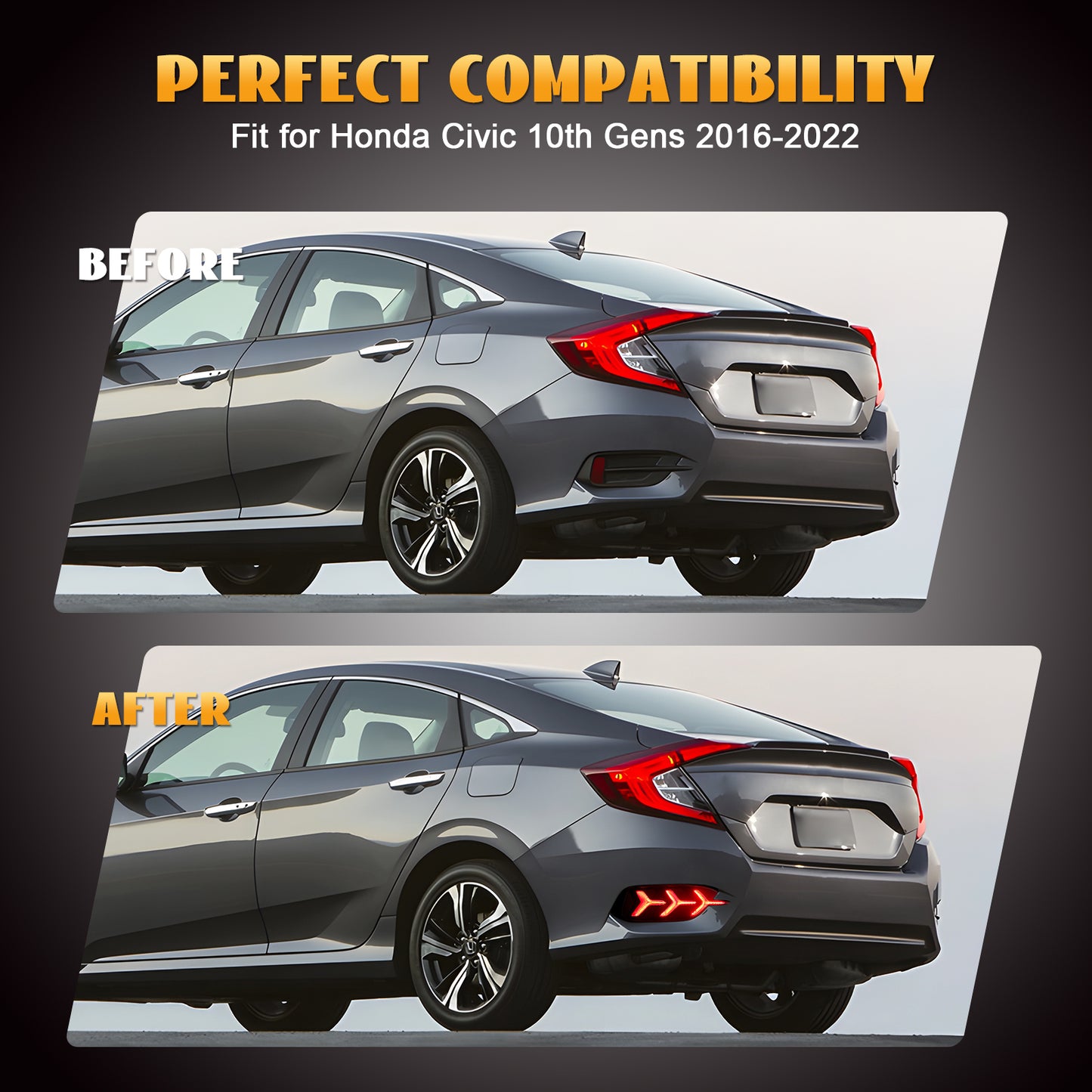 HCMOTION LED Rear Bumper Lights for 2016-2022 Honda Civic (10th Gen) | Sequential Signal & Startup Animation Fish-Bone Style