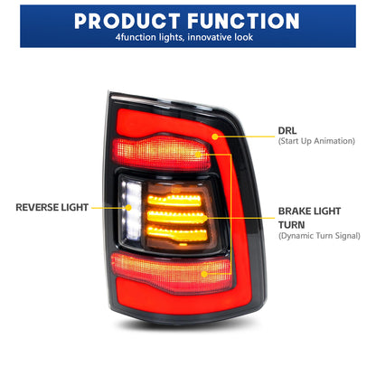HCMOTION LED Tail Lights for Dodge RAM1500 2009-2018/RAM2500 2013-2018 | Sequential Turn Signal & Startup Animation Smoked