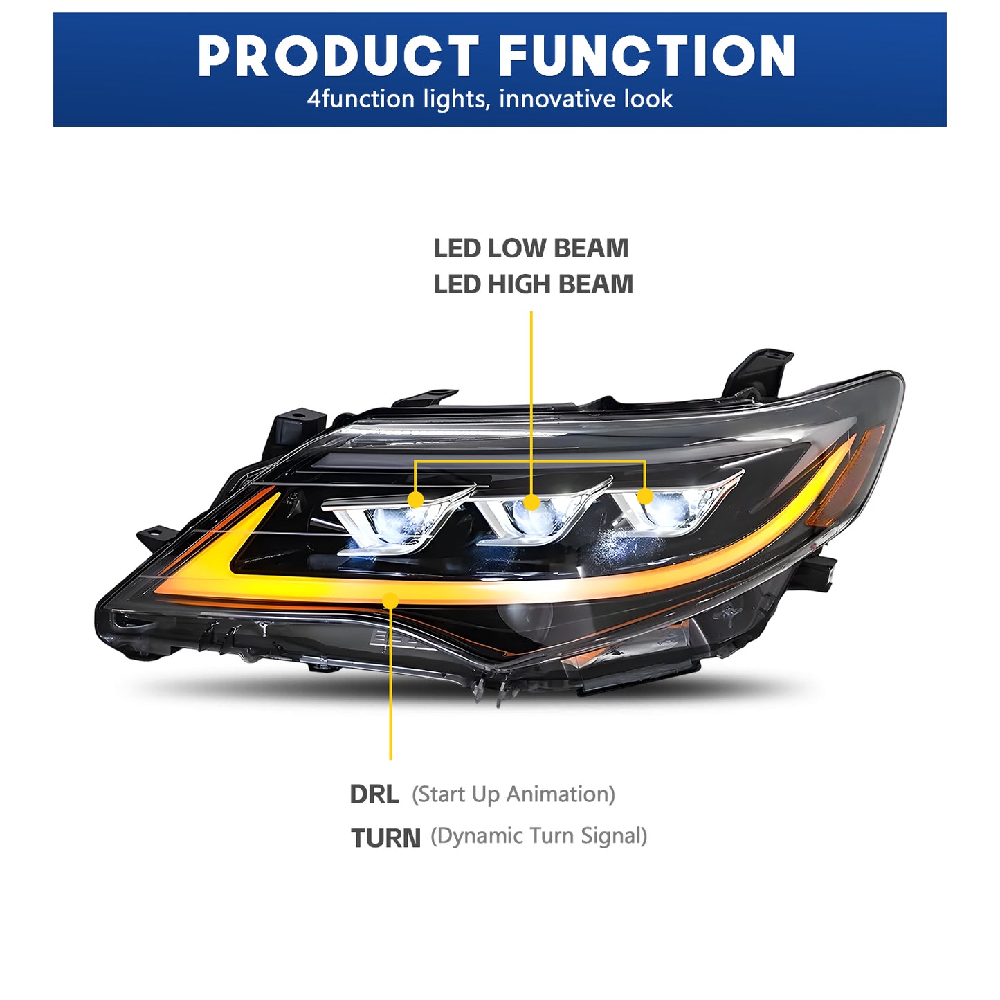 HCMOTION LED Headlight Assembly for 2012-2014 Toyota Camry (XV50) | Sequential Signal & Startup Animation Type B