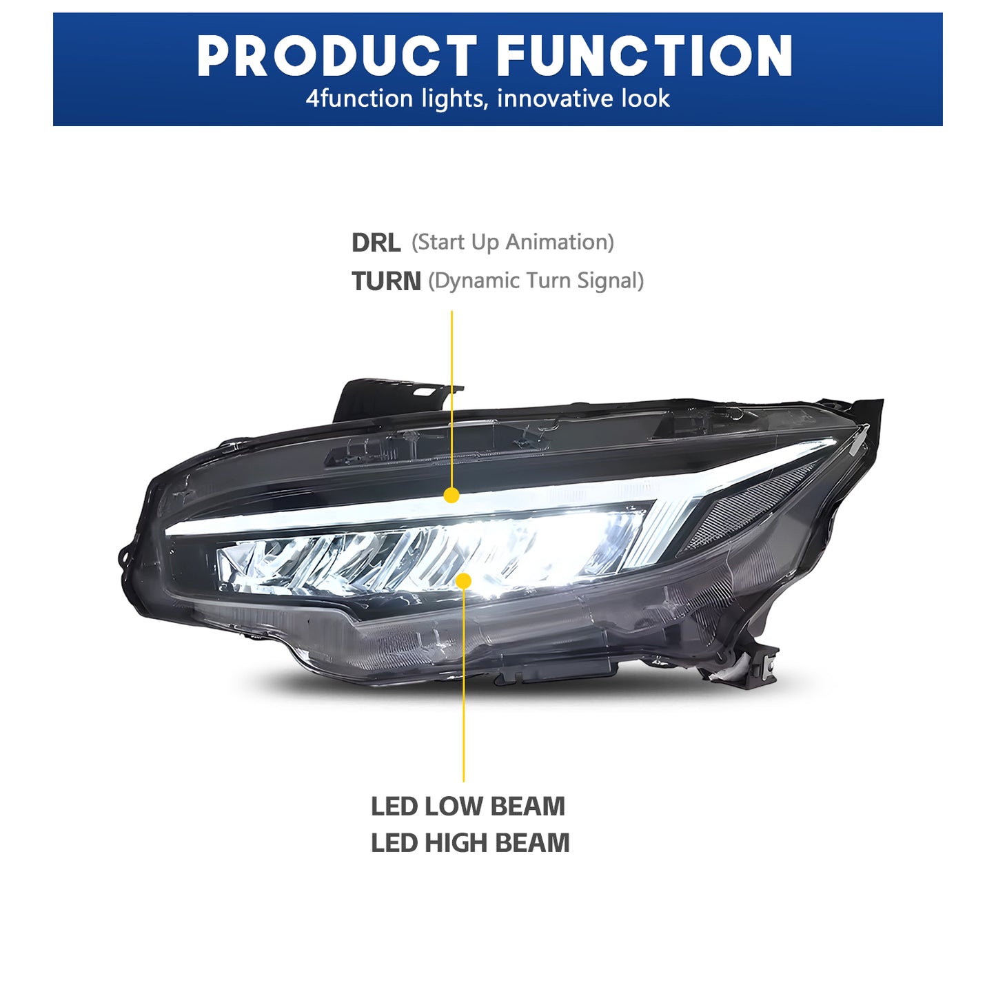 HCMOTION LED Headlights for 2016-2021 Honda Civic 10th Gen | Sequential Turn Light & Startup Animation