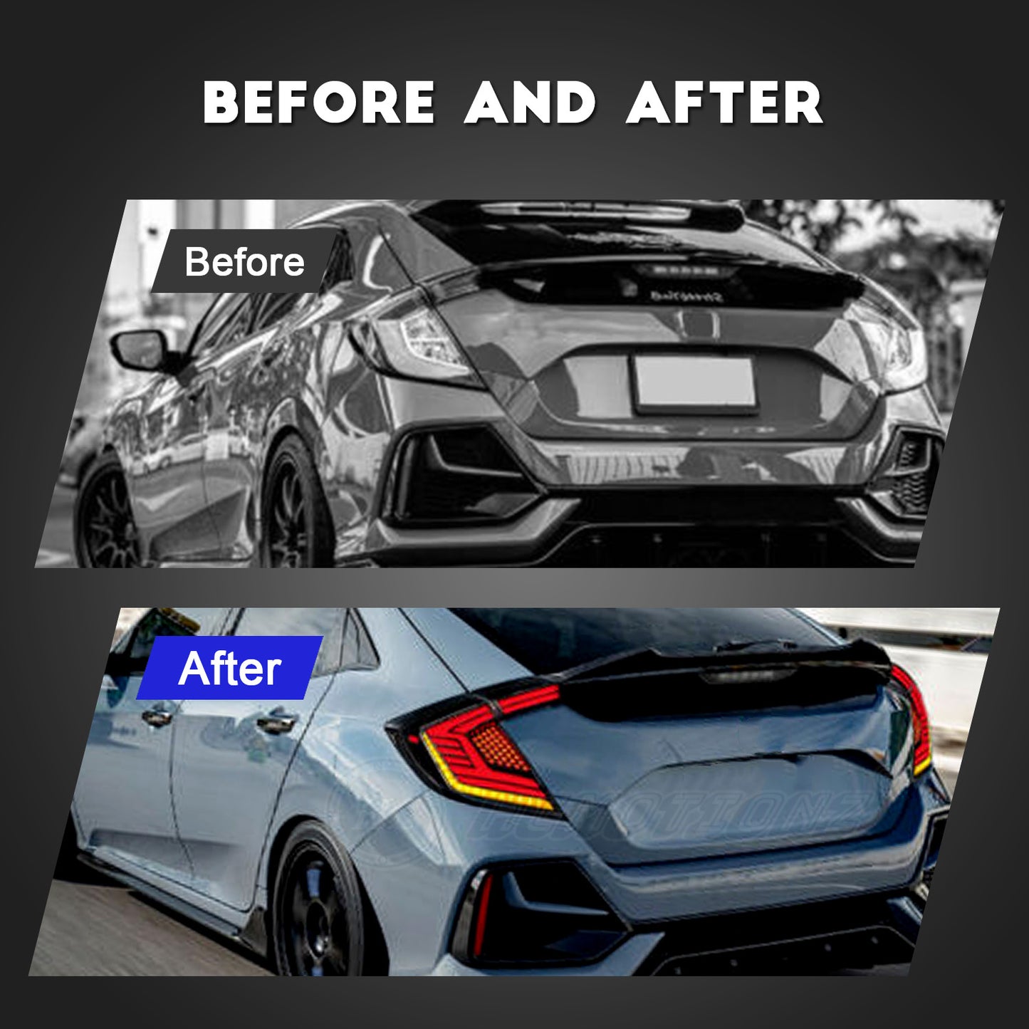 HCMOTION LED Tail Lights for Honda Civic Hatchback 2016-2021 | Sequential Turn Signal & Startup Animation Smoked