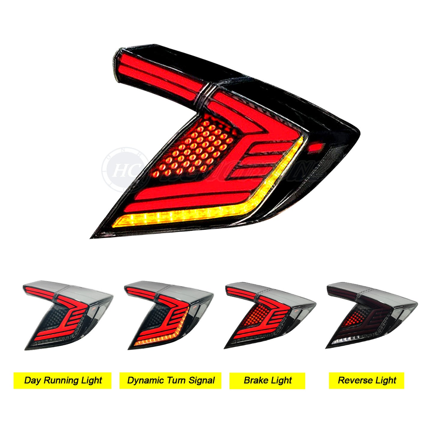 HCMOTION LED Tail Lights for Honda Civic Hatchback 2016-2021 | Sequential Turn Signal & Startup Animation Smoked