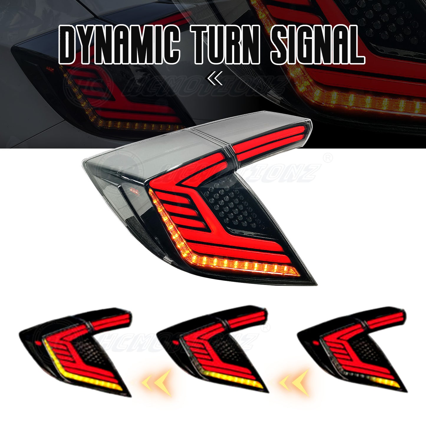 HCMOTION LED Tail Lights for Honda Civic Hatchback 2016-2021 | Sequential Turn Signal & Startup Animation Smoked