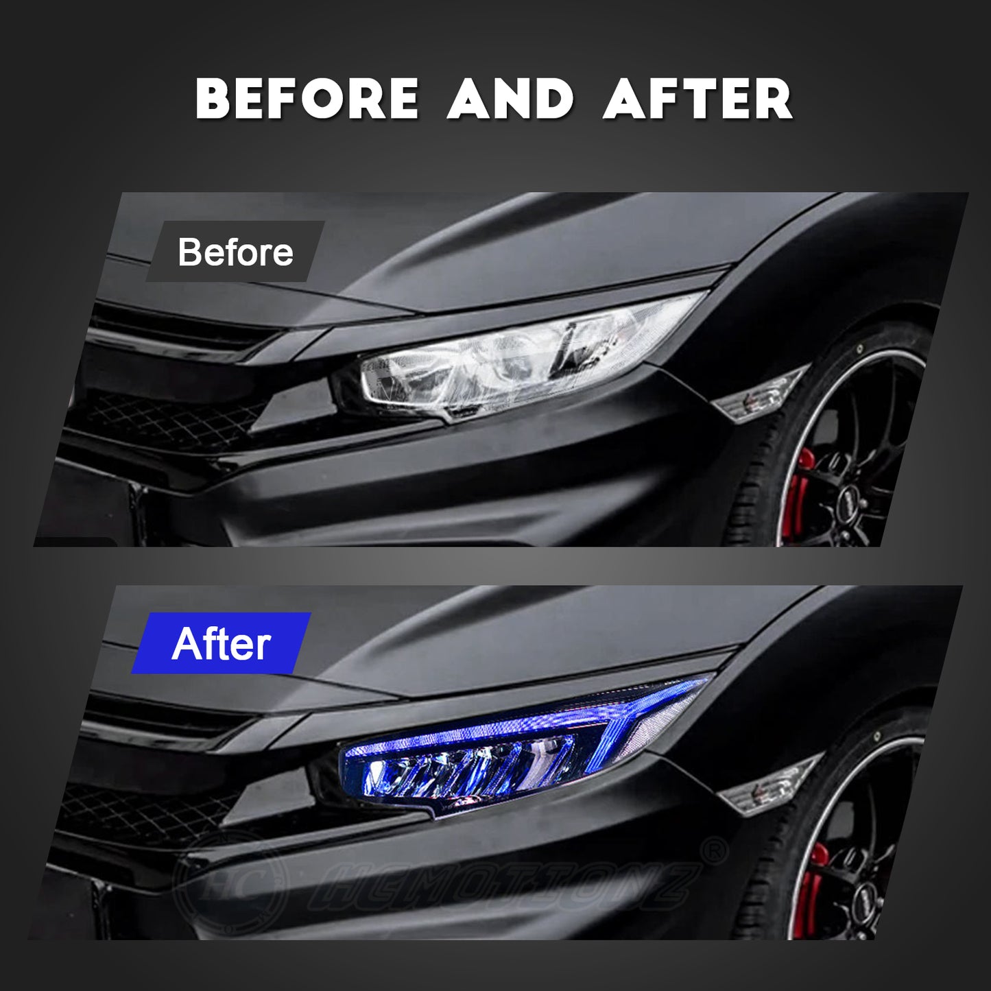 HCMOTION LED RBG Headlights for 2016-2021 Honda Civic 10th Gen | Sequential Turn Light & Startup Animation