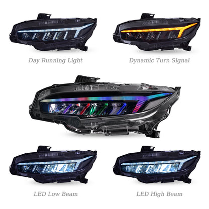 HCMOTION LED RBG Headlights for 2016-2021 Honda Civic 10th Gen | Sequential Turn Light & Startup Animation