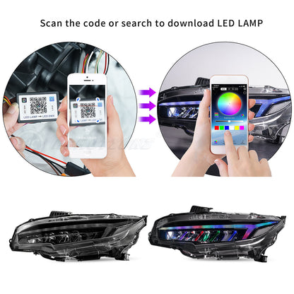 HCMOTION LED RBG Headlights for 2016-2021 Honda Civic 10th Gen | Sequential Turn Light & Startup Animation