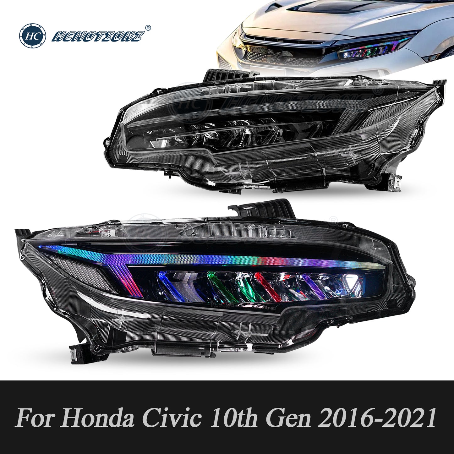HCMOTION LED RBG Headlights for 2016-2021 Honda Civic 10th Gen | Sequential Turn Light & Startup Animation